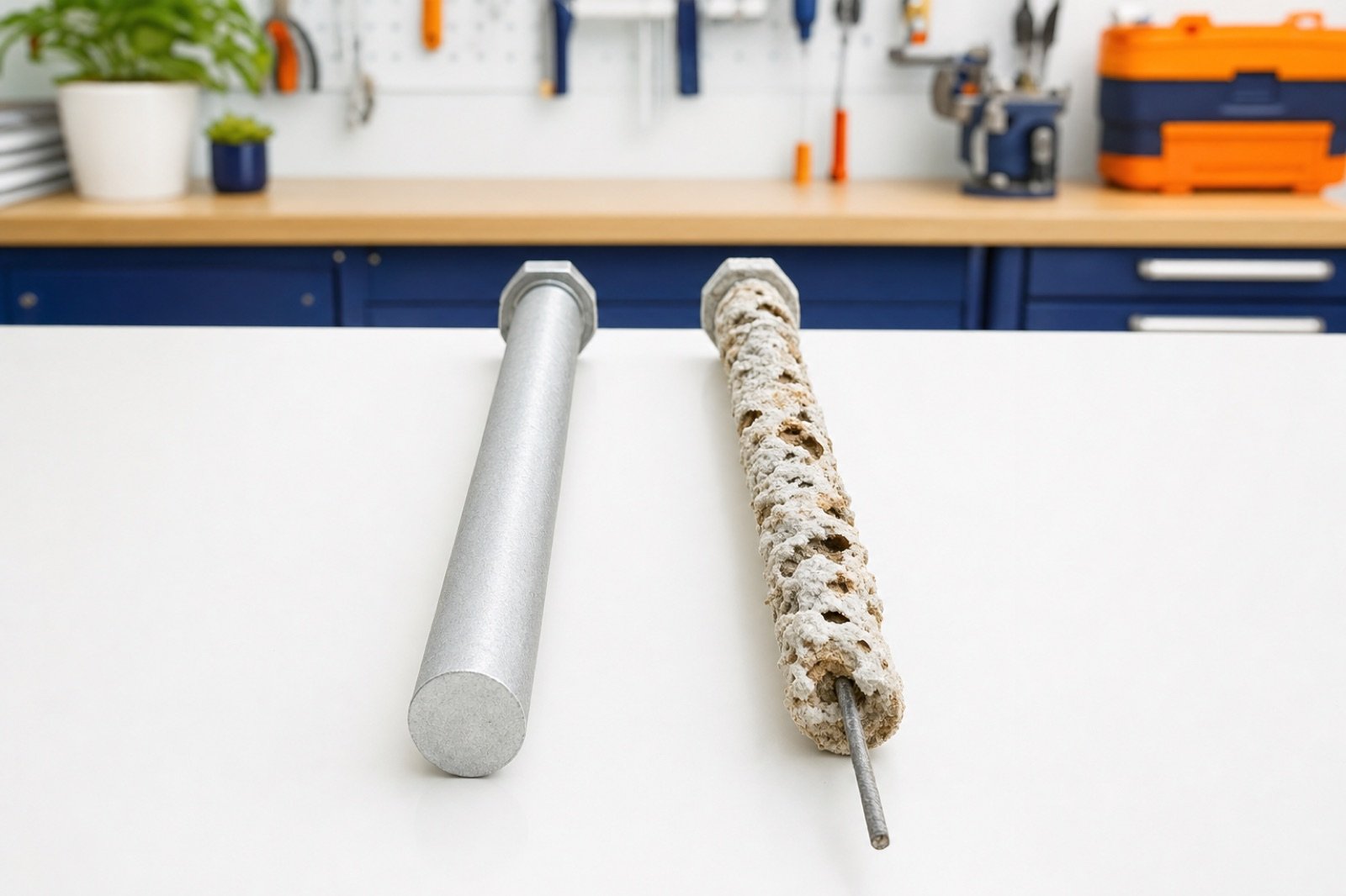 A new anode rod beside one corroded down to a thin wire core