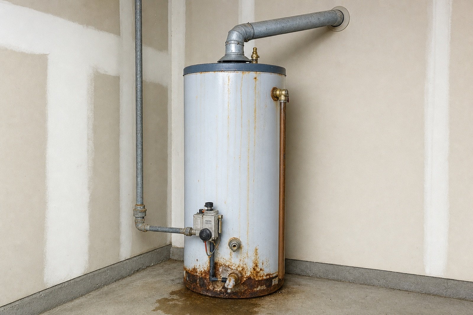 An old corroded gas water heater with poor venting, no expansion tank and no drain pan
