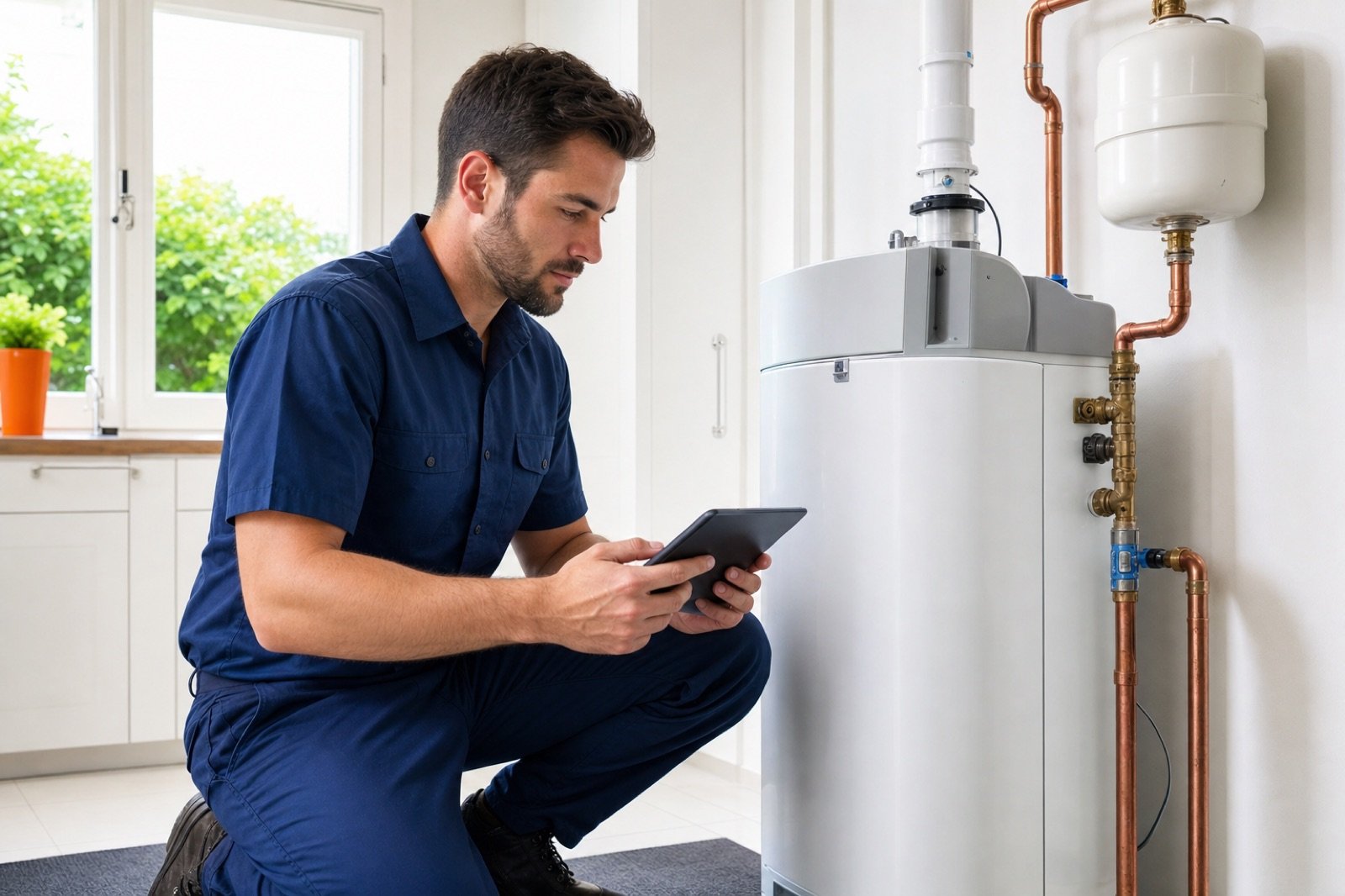 A technician checking a heating system control panel