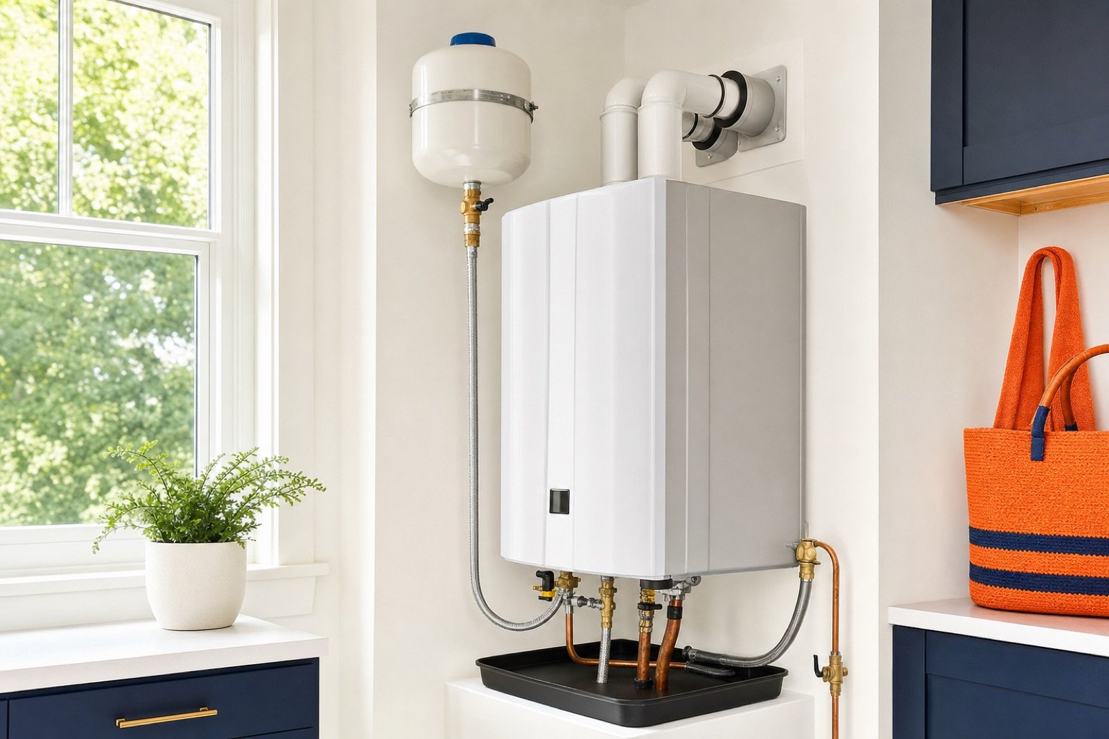 A newly installed gas water heater with expansion tank, venting and a drain pan