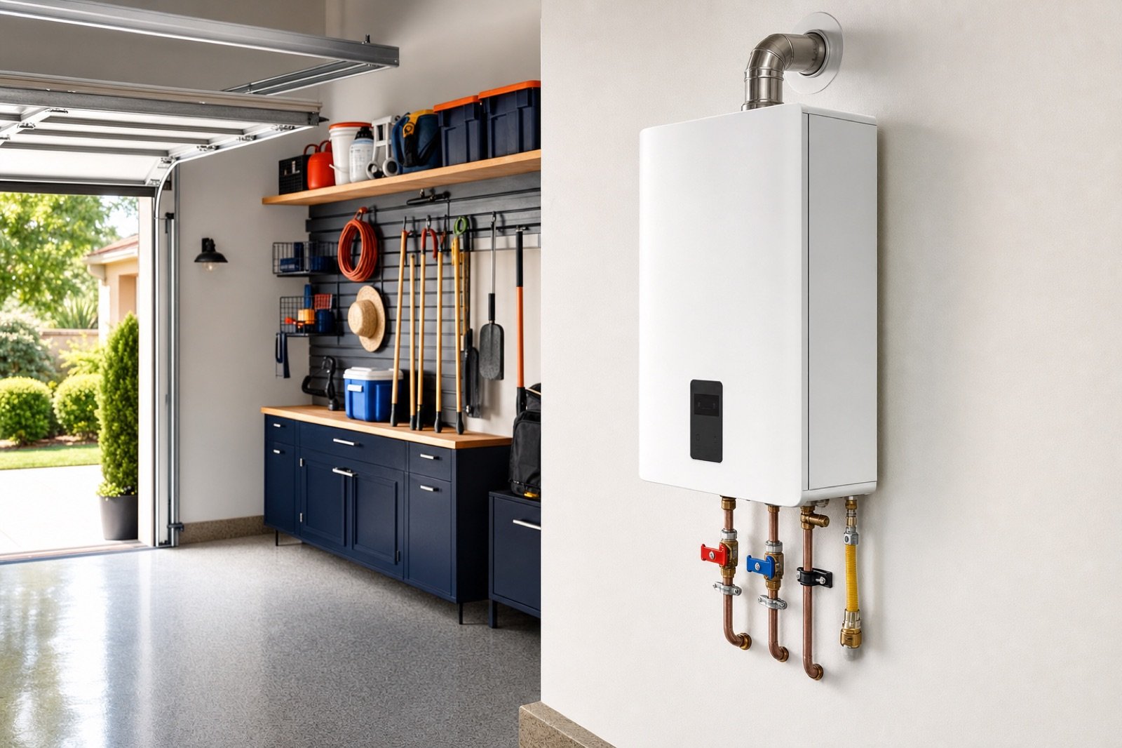 A wall mounted tankless water heater with stainless venting and isolation valves