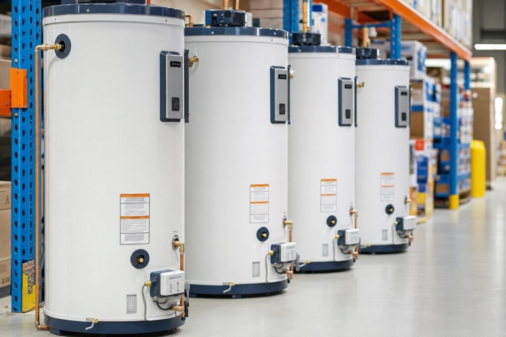 A row of new residential water heaters in a supply warehouse