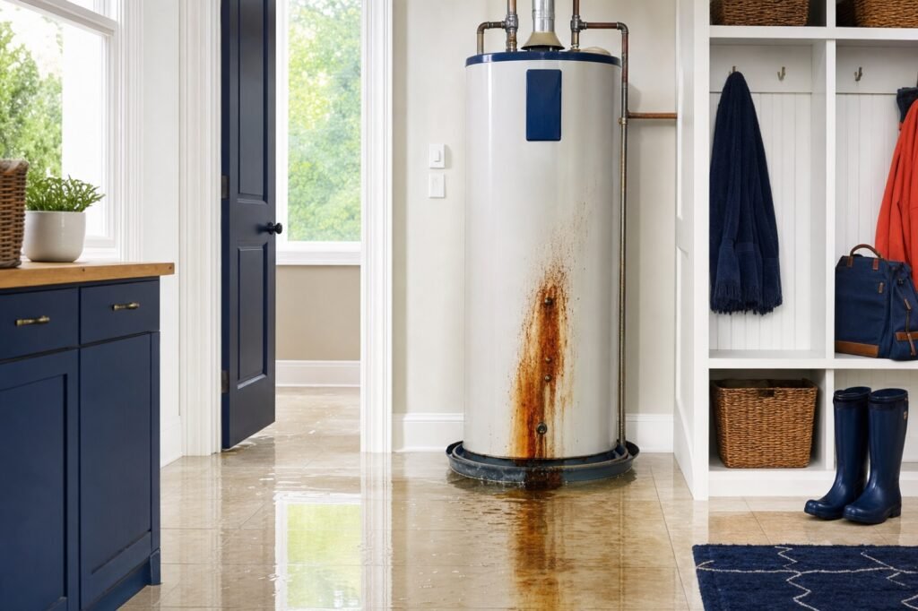 Water pooling across a utility room floor around the base of a failed water heater