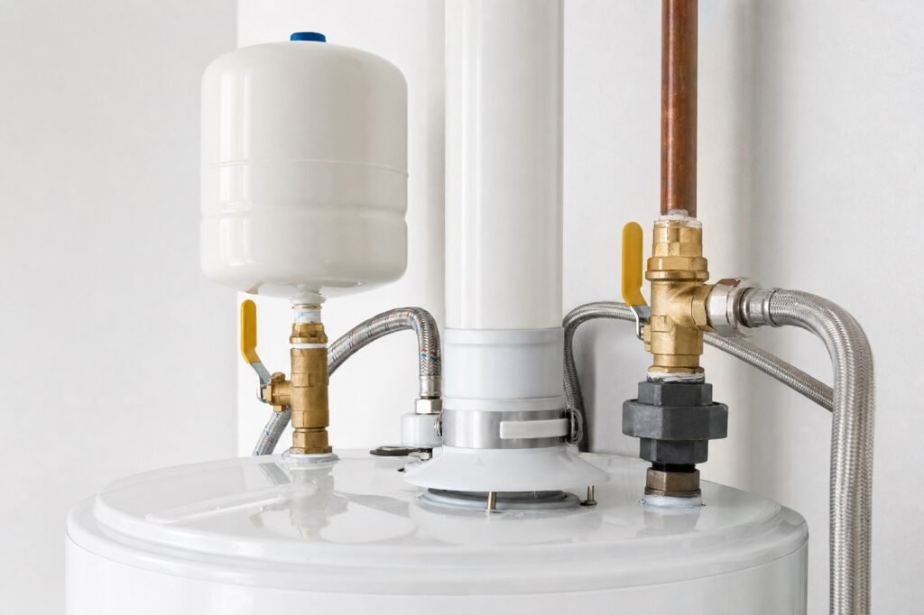 The pipework, expansion tank and venting on top of a newly installed water heater