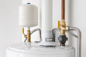 The pipework, expansion tank and venting on top of a newly installed water heater