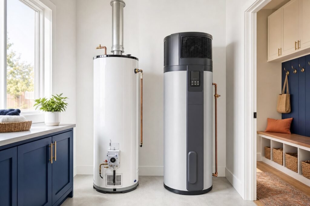 A traditional gas tank water heater beside a modern heat pump water heater
