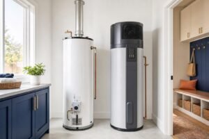 A traditional gas tank water heater beside a modern heat pump water heater