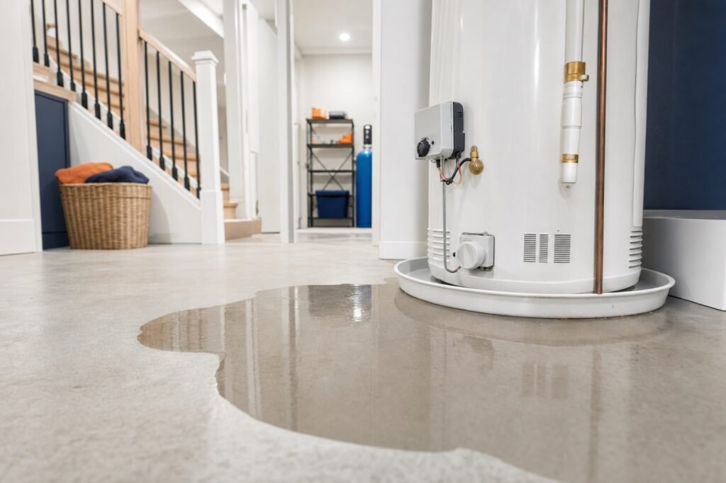 Water pooling on a basement floor beneath a residential water heater