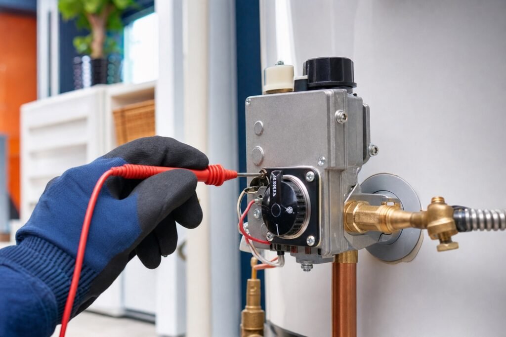A technician testing the gas control valve on a residential water heater