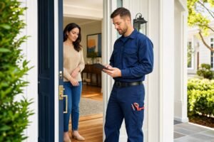 A plumbing technician in uniform arriving at a residential front door